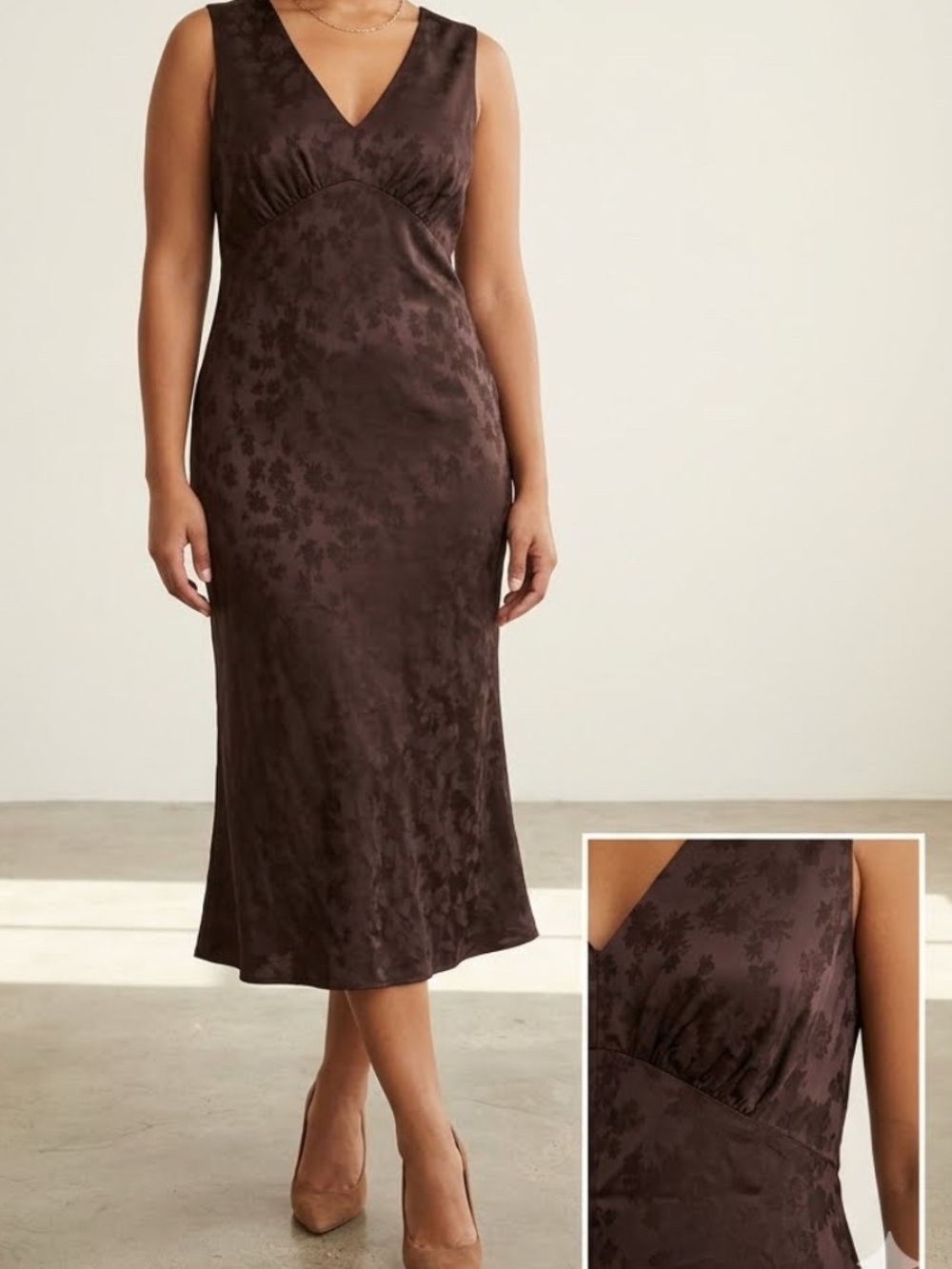NWOT 🆕 BCBG Chocolate Satin Brown Brocade Sleeveless V-Neck Midi Dress